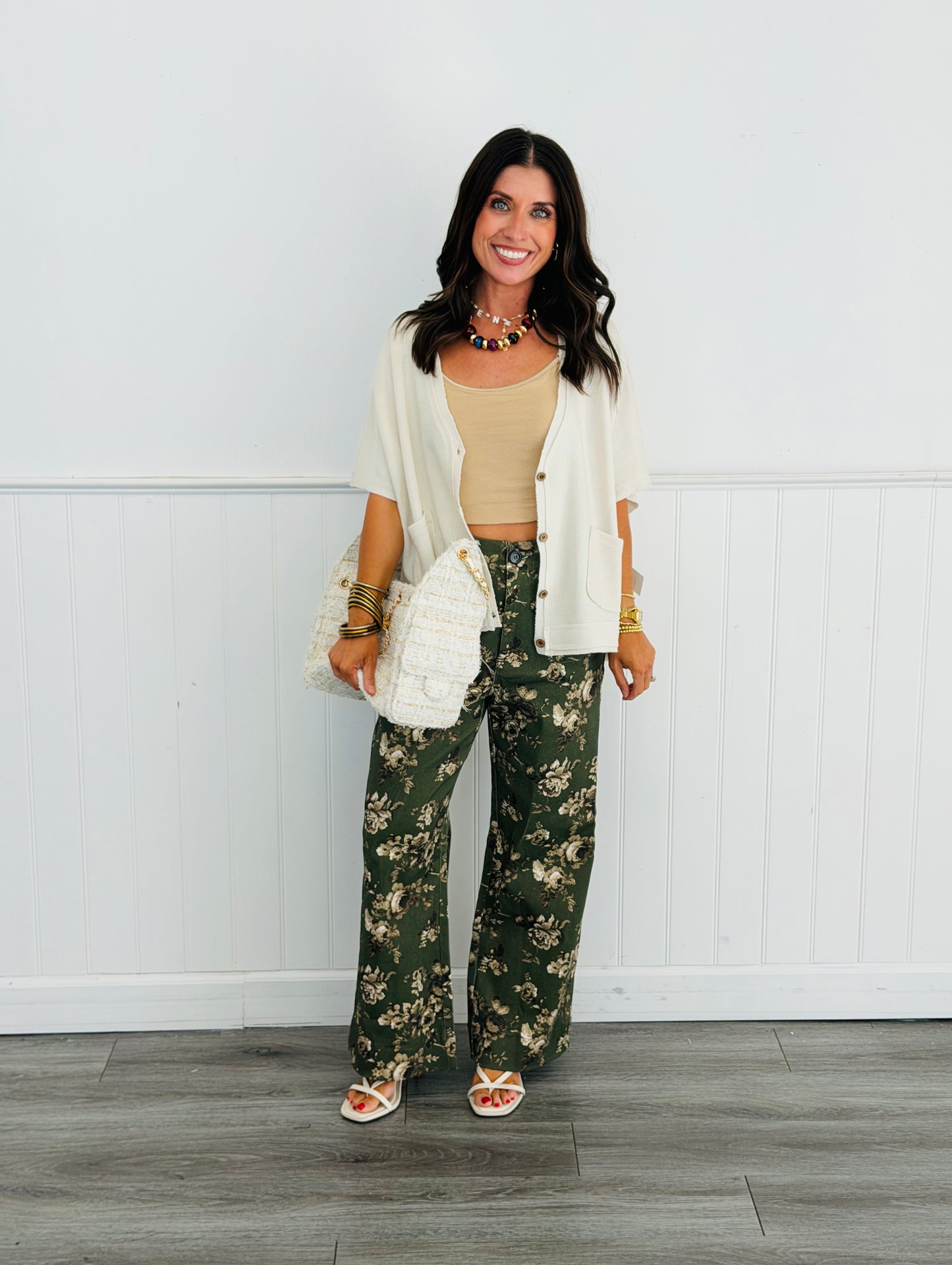 Olive Floral Print Wide Leg Crop Pants (Reg & Plus)