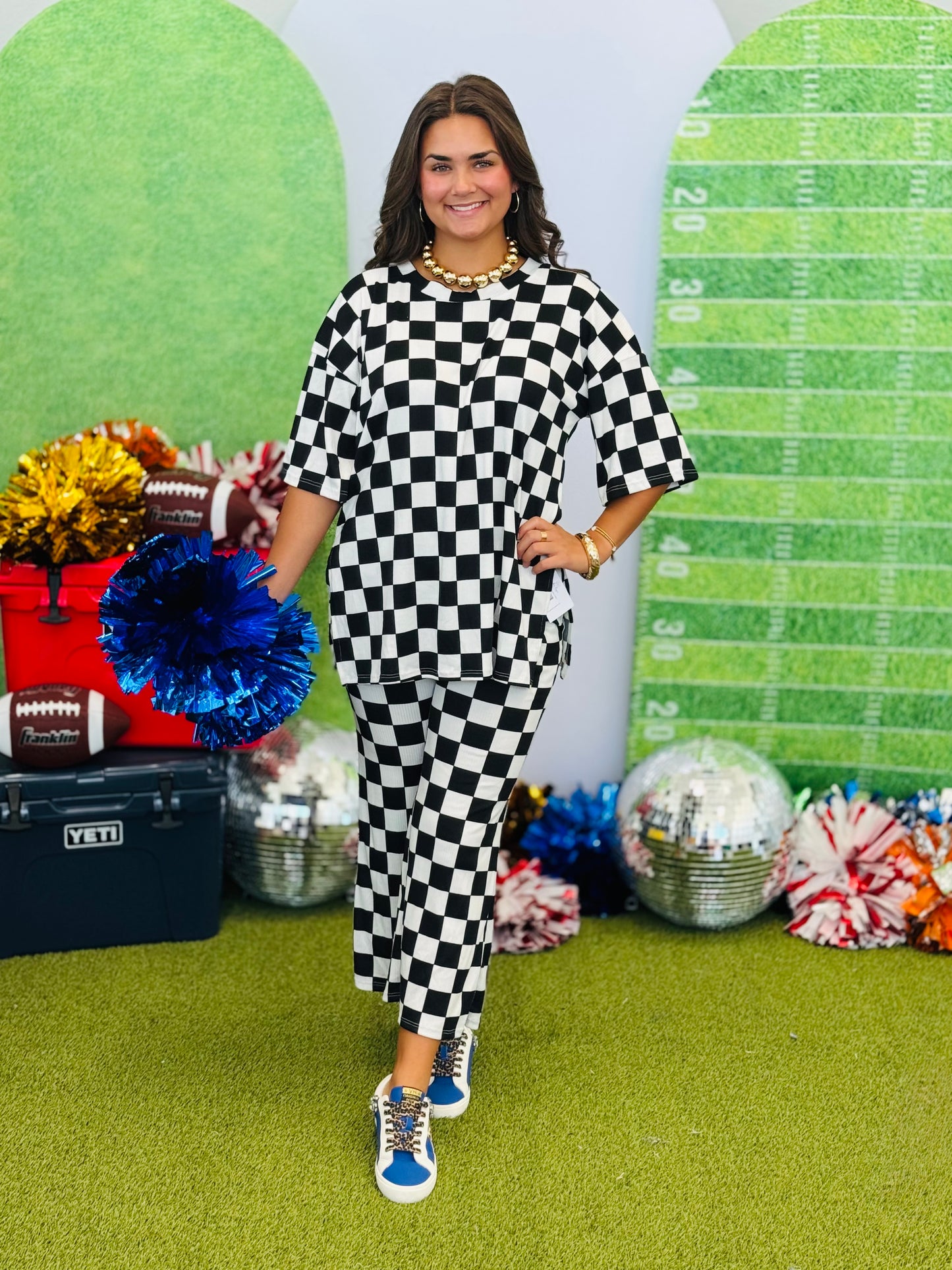 Checkered Print Top and Pants Set (Reg. and Plus)