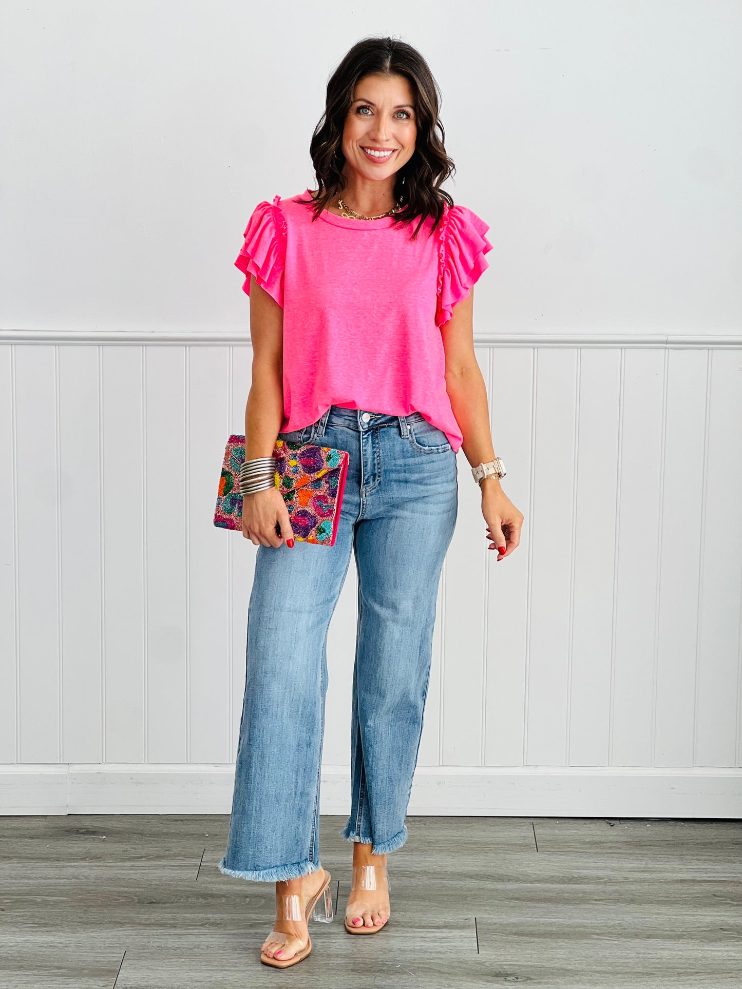 Relaxed Fit Round Neck Ruffle Sleeve Top (Reg. & Plus)- 4 Colors