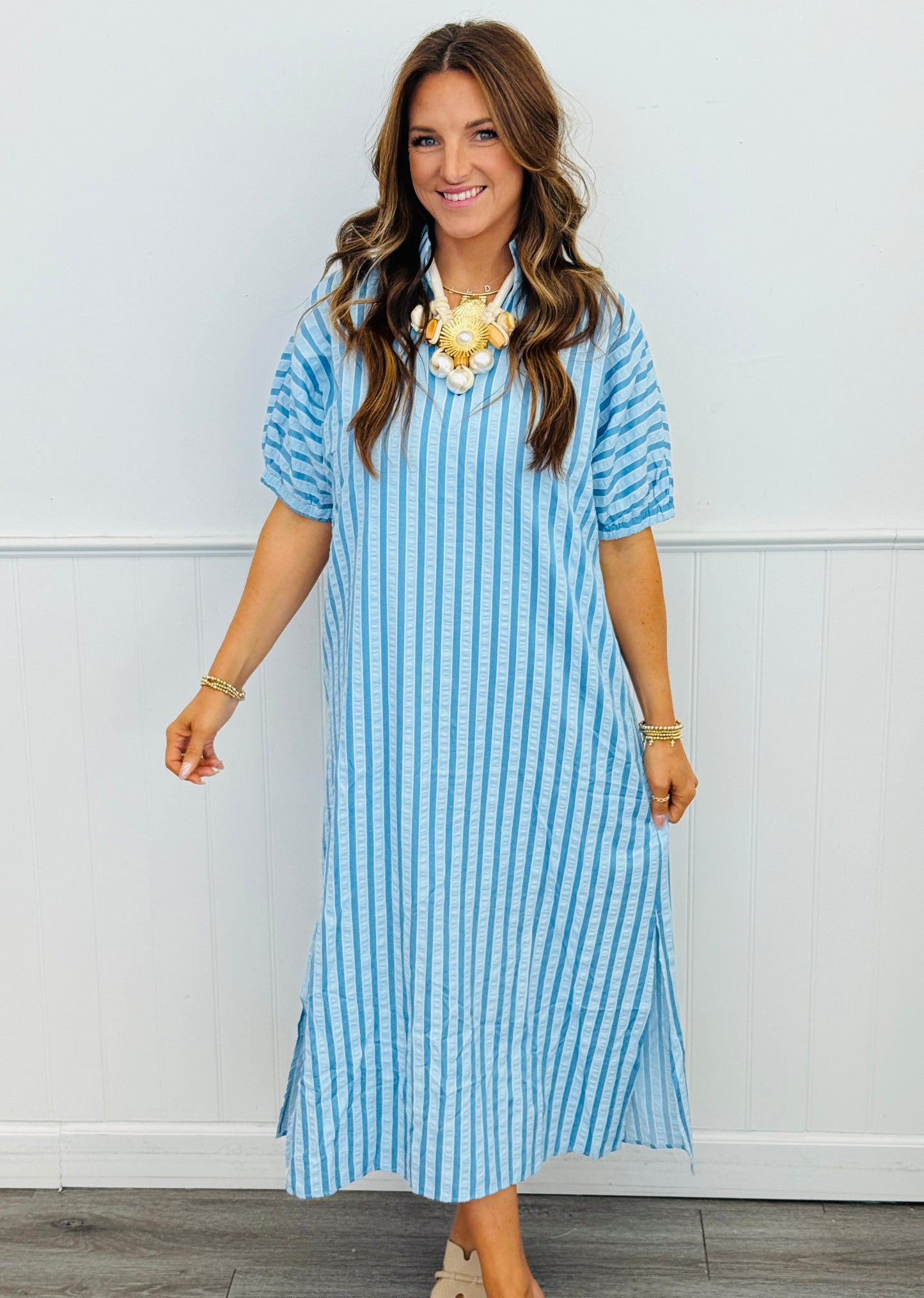 Light Blue Simply Striped Midi Dress (Reg & Plus)