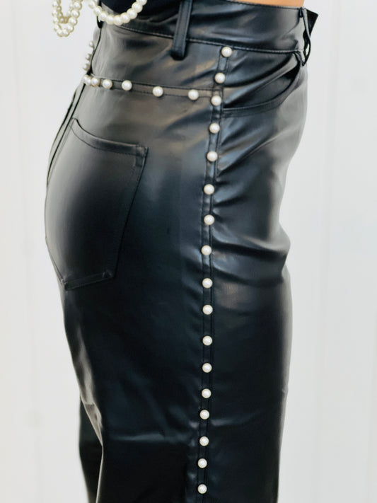 Black Vegan Leather Pearl Detailed Wide Leg Pants (Reg.)