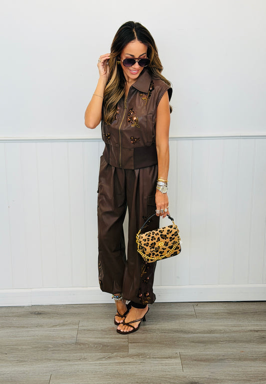 Coffee Floral Zip Up Top & Pants Set (Reg.)
