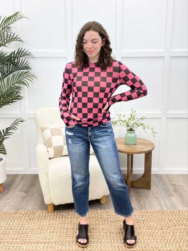 Pink/Black Checkered Mesh Long Sleeve Top (Reg. and Plus)