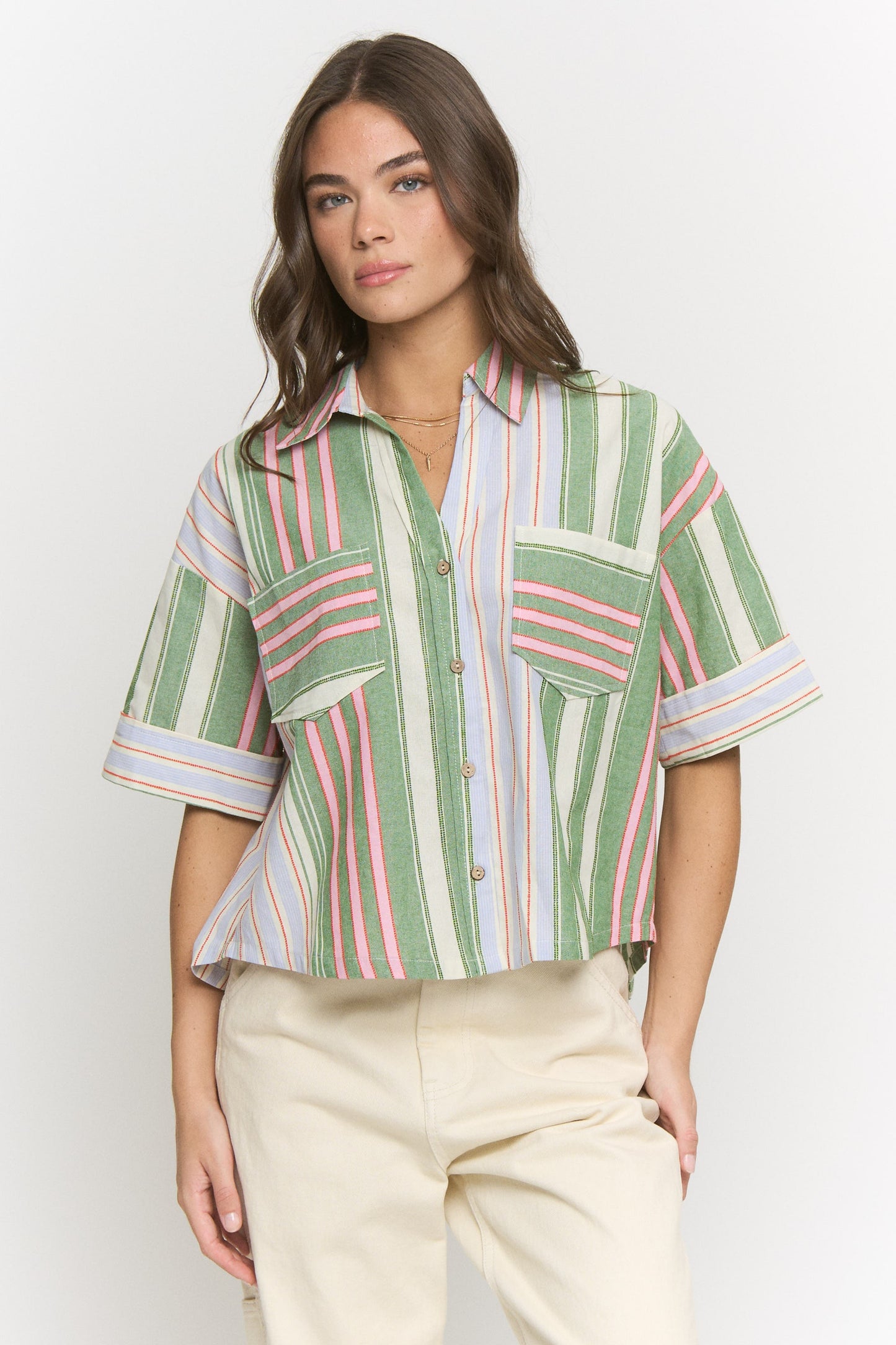 Olive Multi Stripe Button Down Shirt (Reg. and Plus)