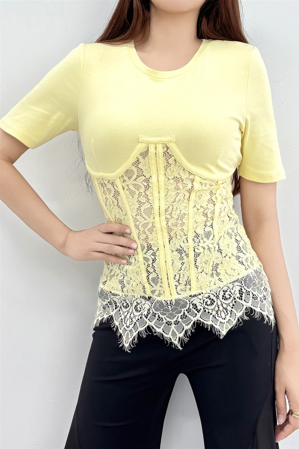 Butter Yellow Lace Corset Panel Top (Reg.)