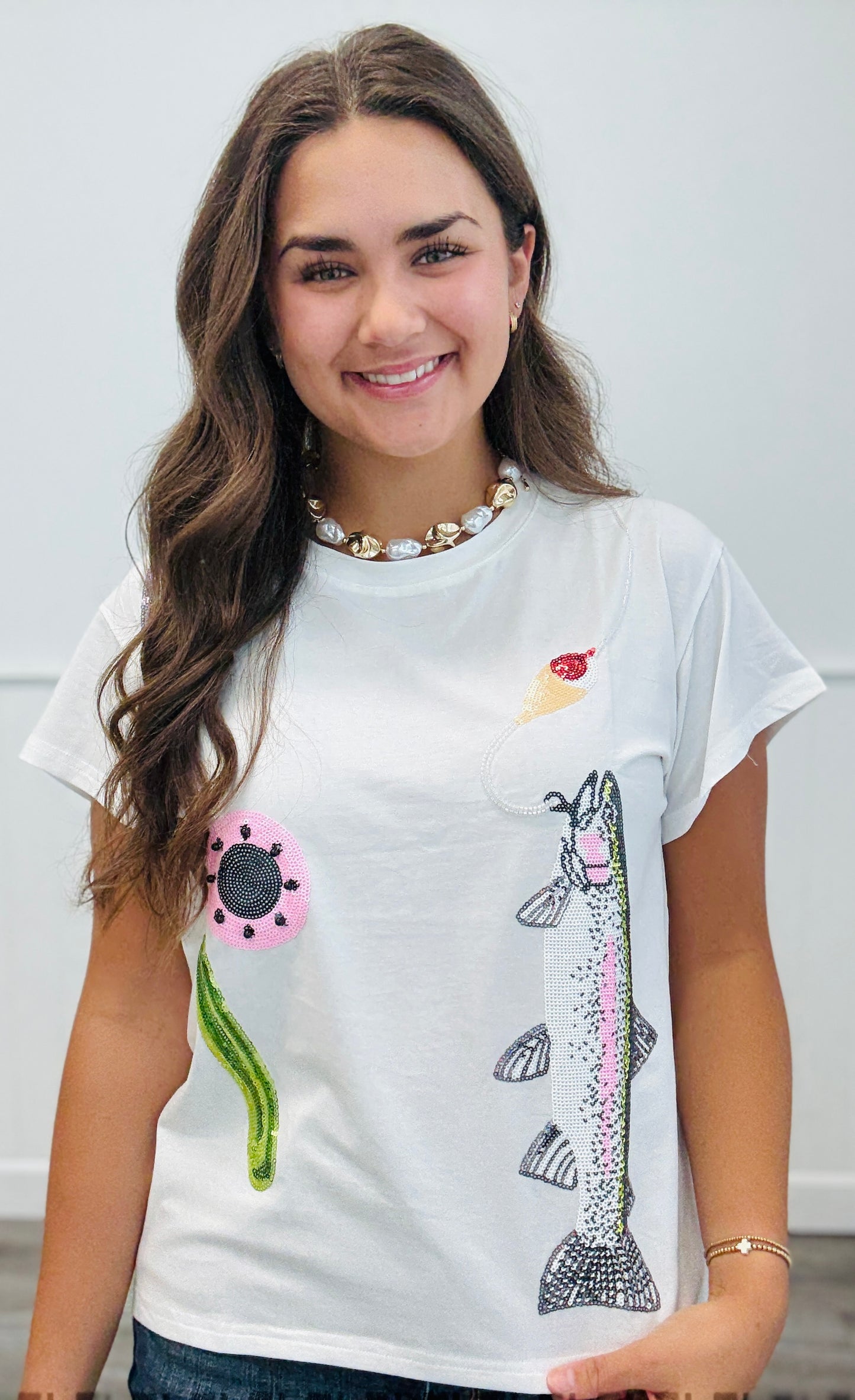 Queen Of Sparkles White Fishing Pole With Hooked Fish Tee (Reg. & Plus)