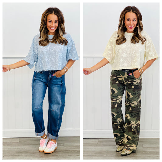 Floral Embroidered Mesh Babydoll Top (Reg & Plus)-2 Colors