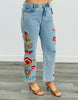 Washed Denim Floral Embroidered Pants (Reg.)