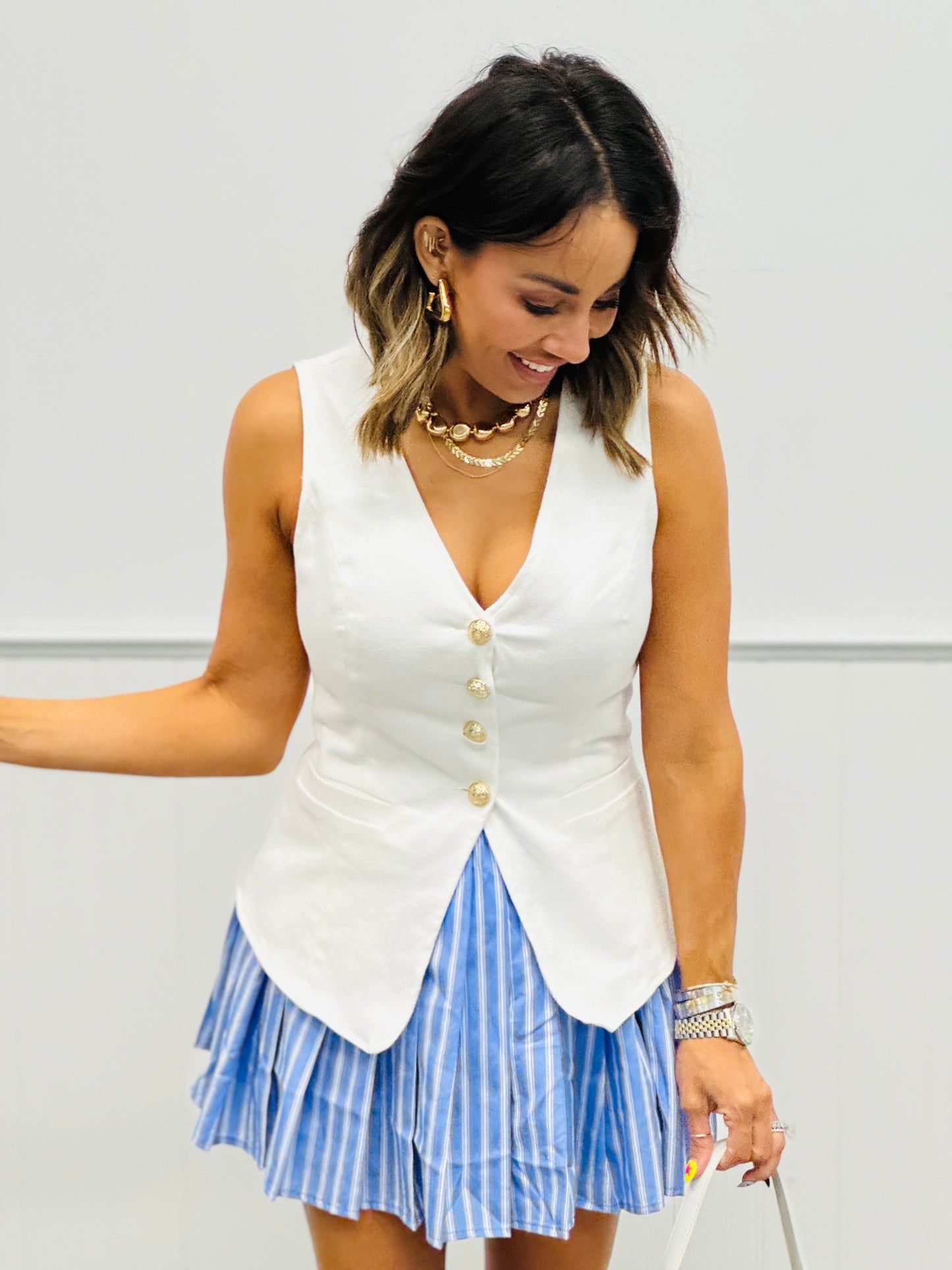 White Button Down Vest Top (Reg.)