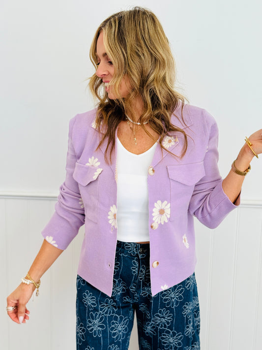 Lavender Floral Print Button Up Cardigan (Reg.)