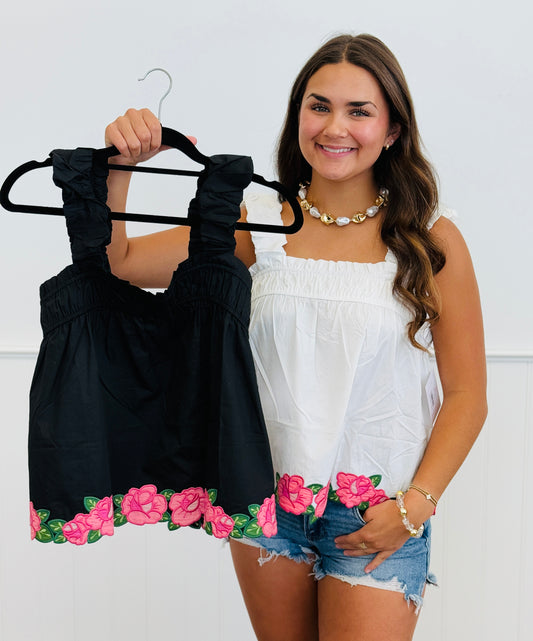 Flower Embroidered Poplin Blouse (Reg. and Plus) - 2 Colors