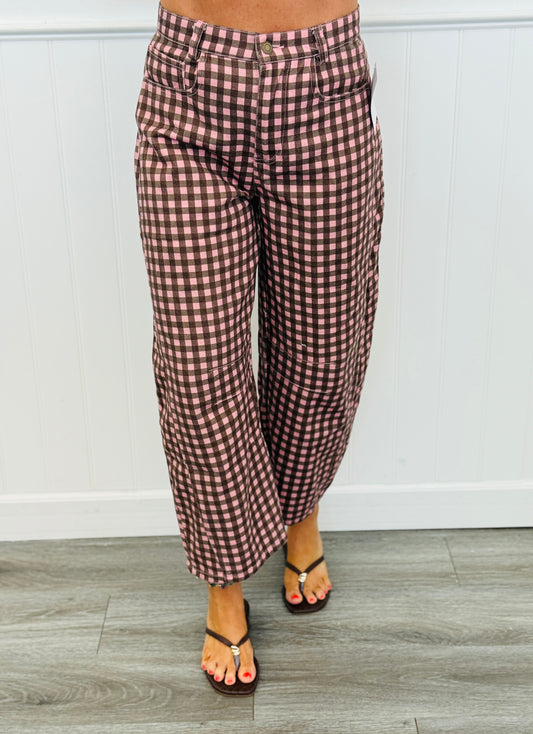 Pink/Brown Gingham Twill Barrel Pants (Reg.)