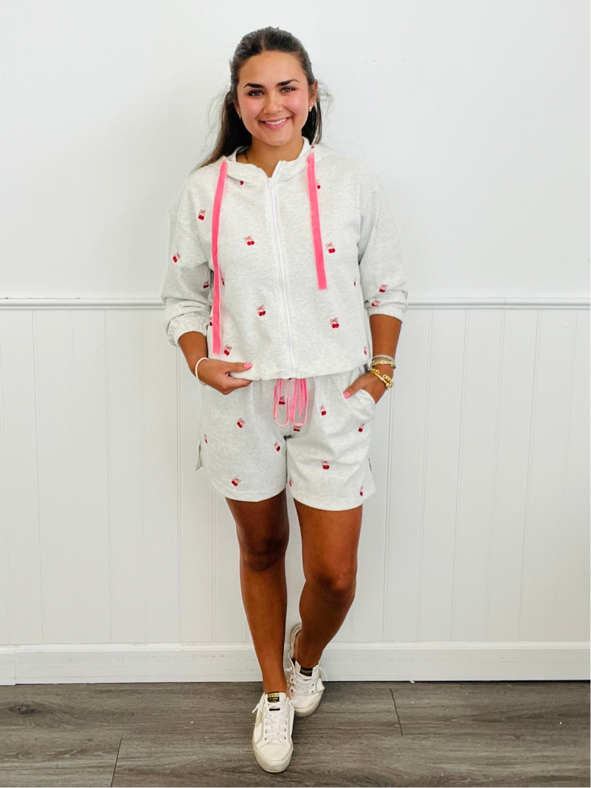 Grey Ribbon Cherries Hoodie Jacket & Shorts Set (Reg & Plus)