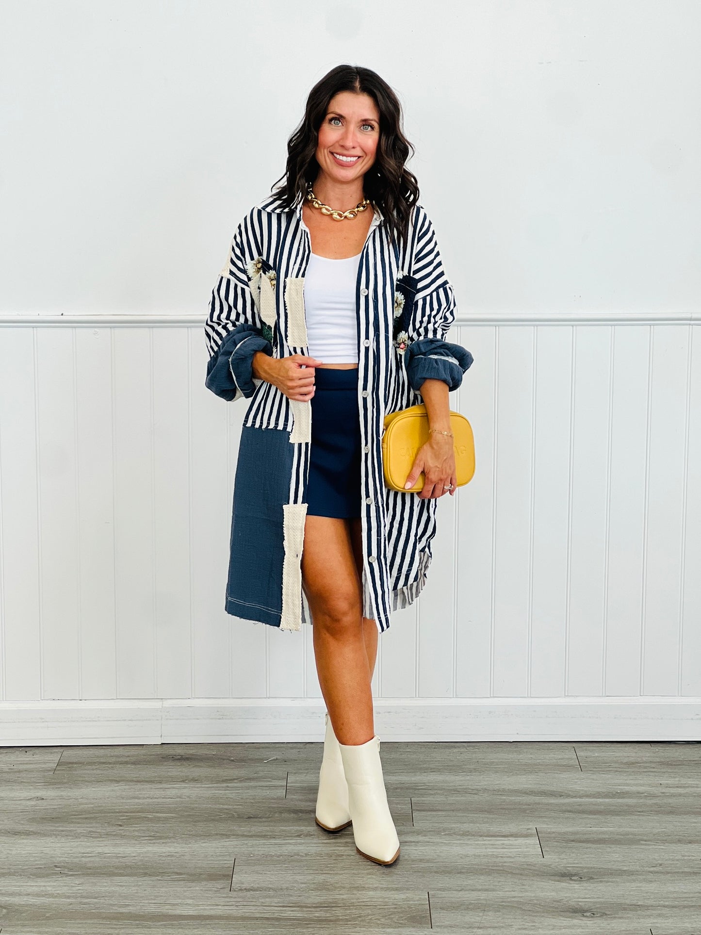 POL Navy Stripe Contrast Peace Marks Shacket (Reg.)