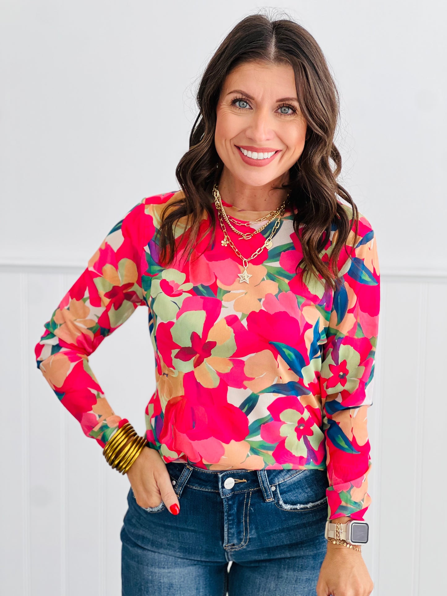 Pink Floral LS Mesh Top (Reg. and Plus)
