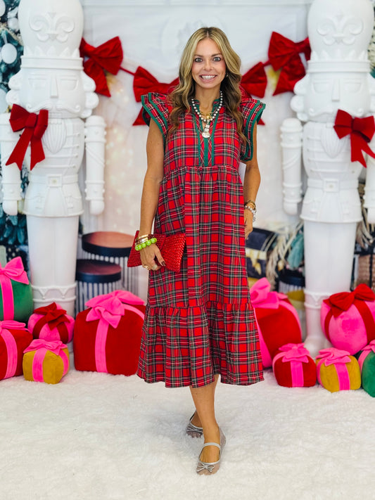 Red Plaid Flutter Sleeve Midi Dress (Reg & Plus)
