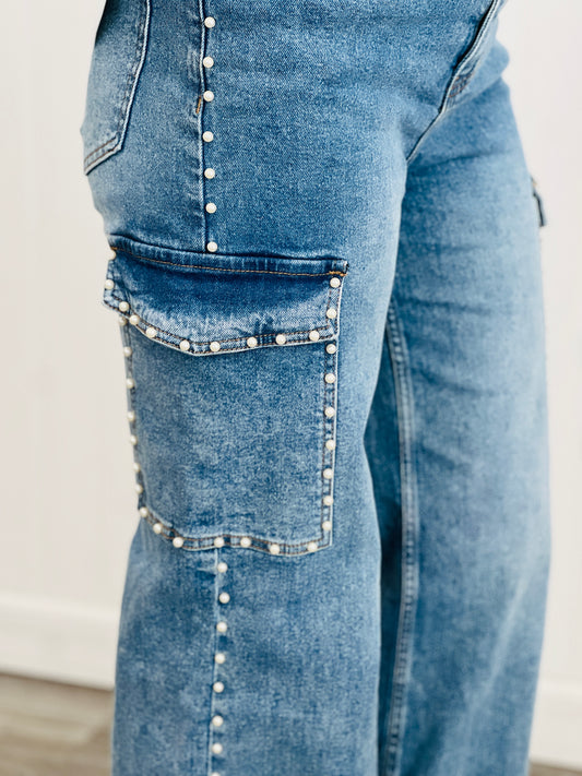 Medium Denim Pearl Studded Wide Leg Cargo Jeans (Reg.)