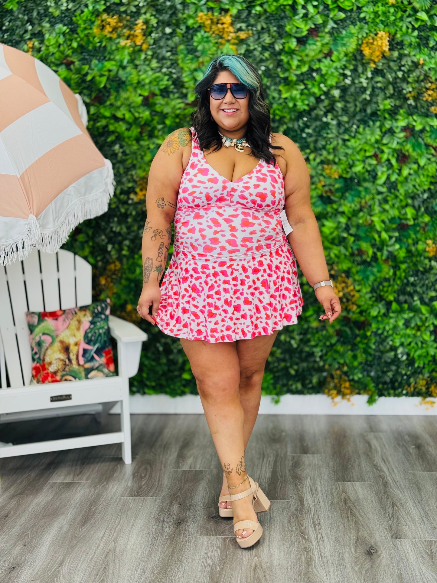 White/Pink Spotted Leopard Mini Dress (Reg. & Plus)