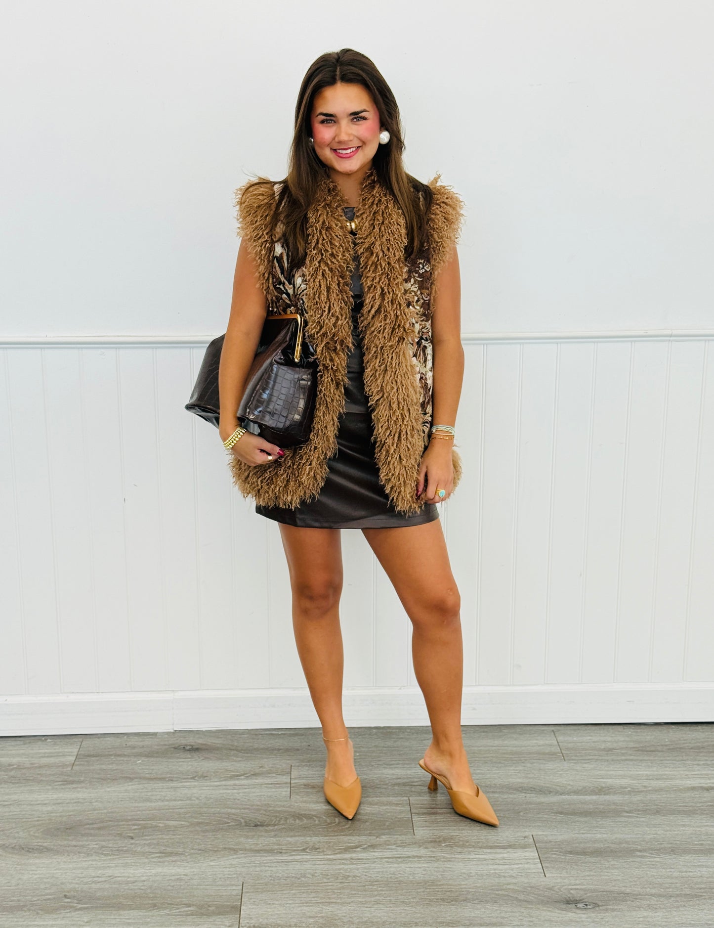 Brown Tapestry Fur Trim Vest Top (Reg & Plus)