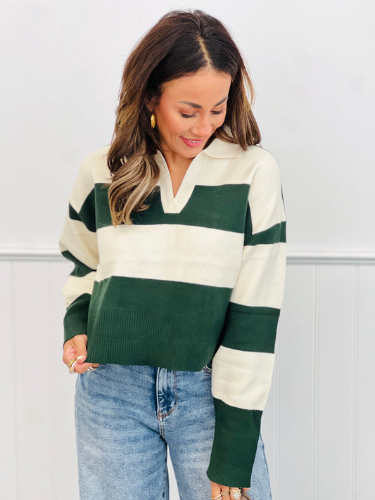 Hunter Green/Ivory Striped Polo Sweater Top (Reg.)