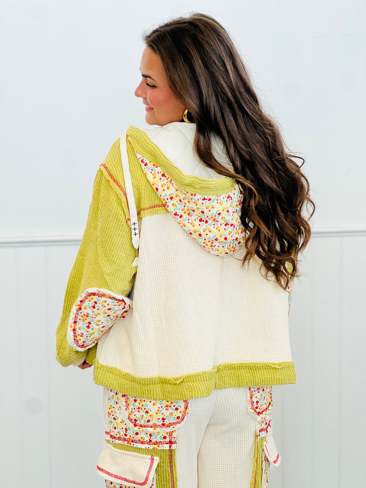 POL Lime Green Thermal Floral Quilted Hoodie Jacket (Reg.)