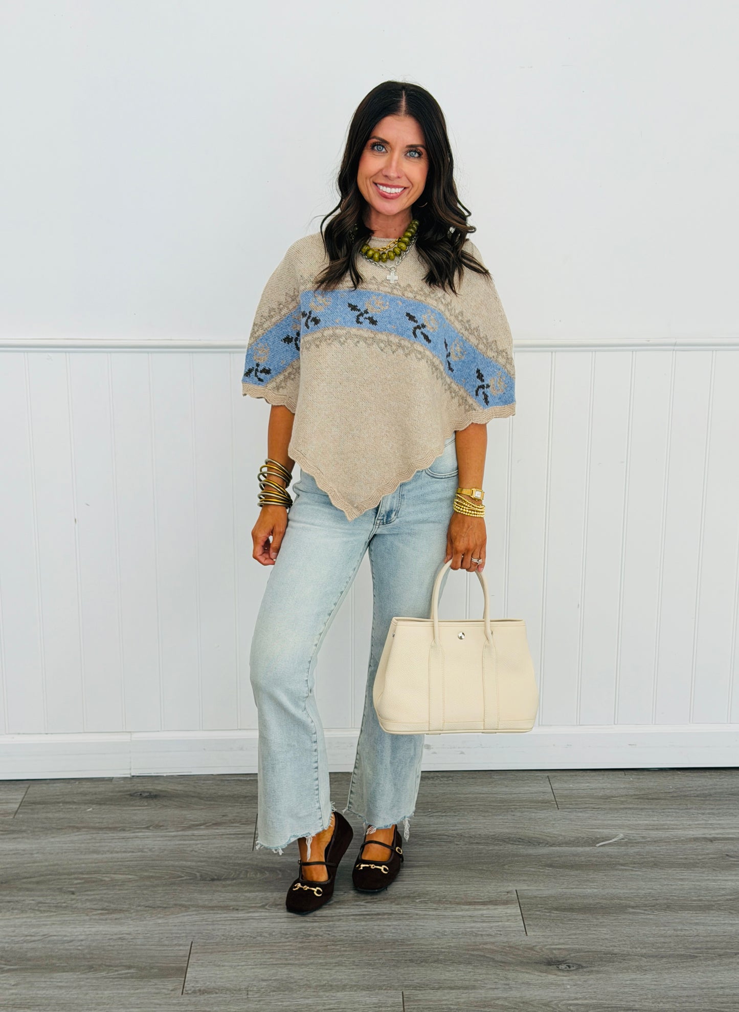 Beige Knit Sweater Poncho (Reg)
