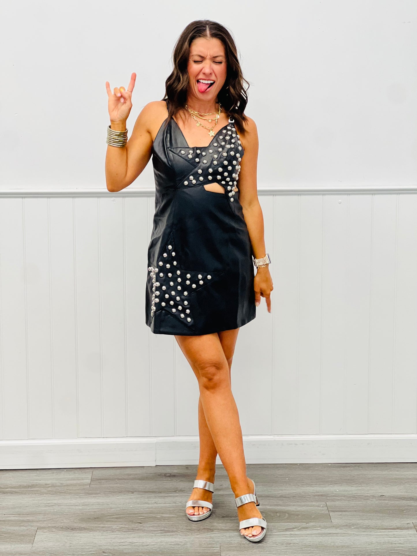 Black Faux Leather Star Studded Mini Dress (Reg.)