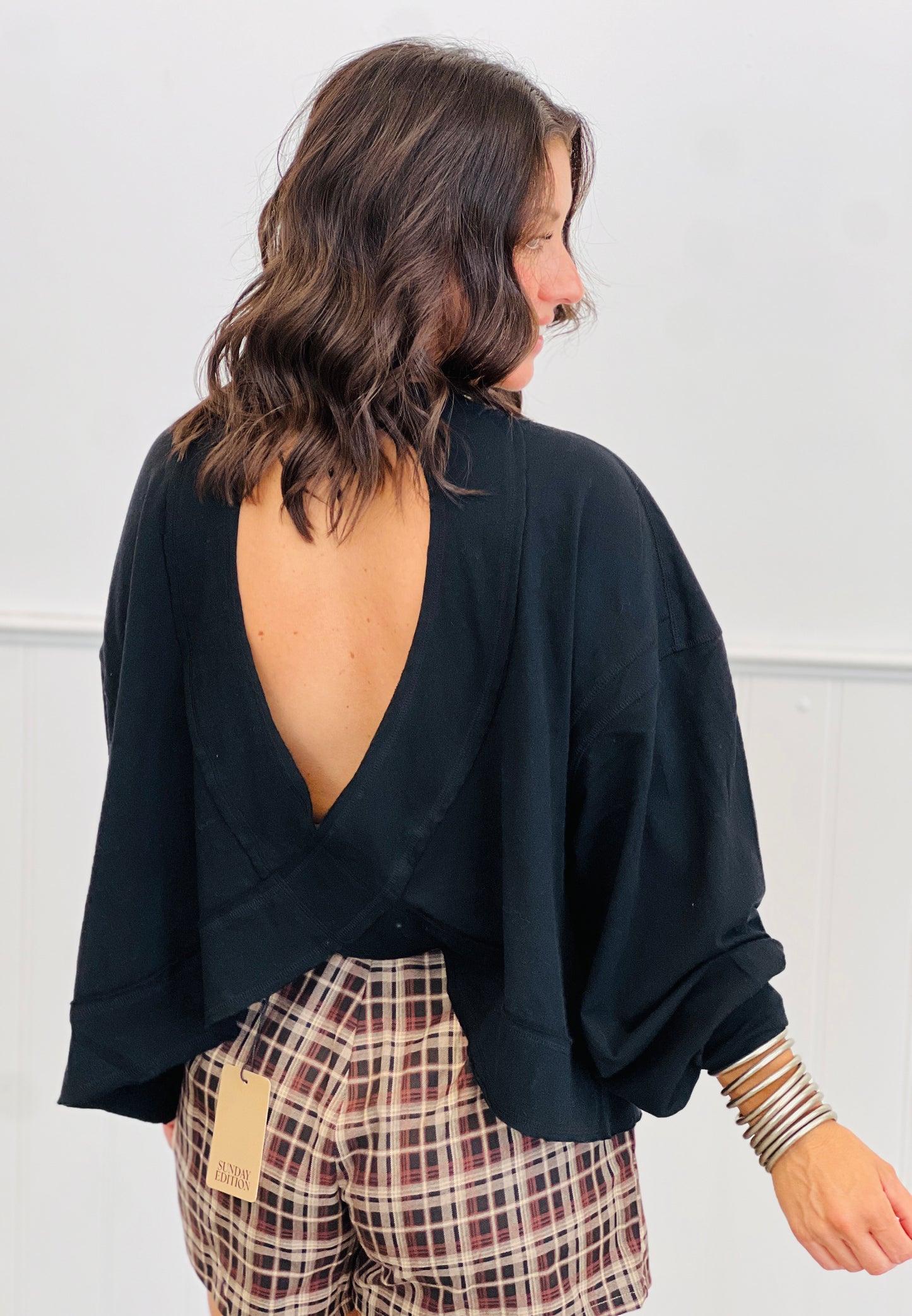 Black Cotton Slub Open Back Top (Reg.)