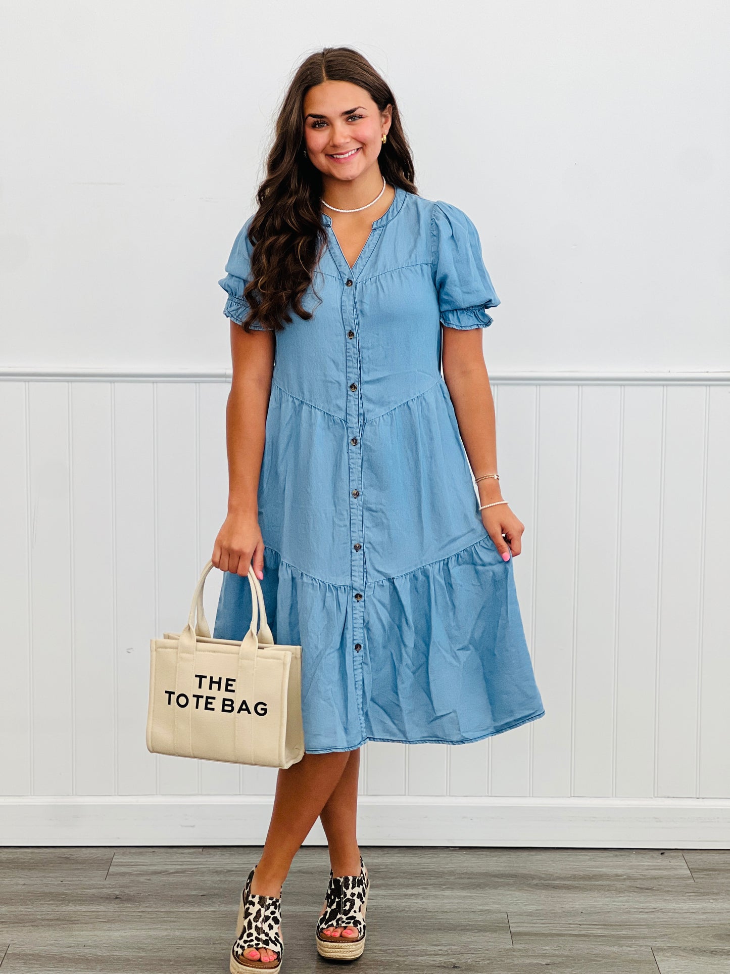 Light Denim V-Tier Midi Dress (Reg & Plus)