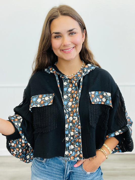 POL Black Floral Pattern Hoodie Jacket (Reg.)