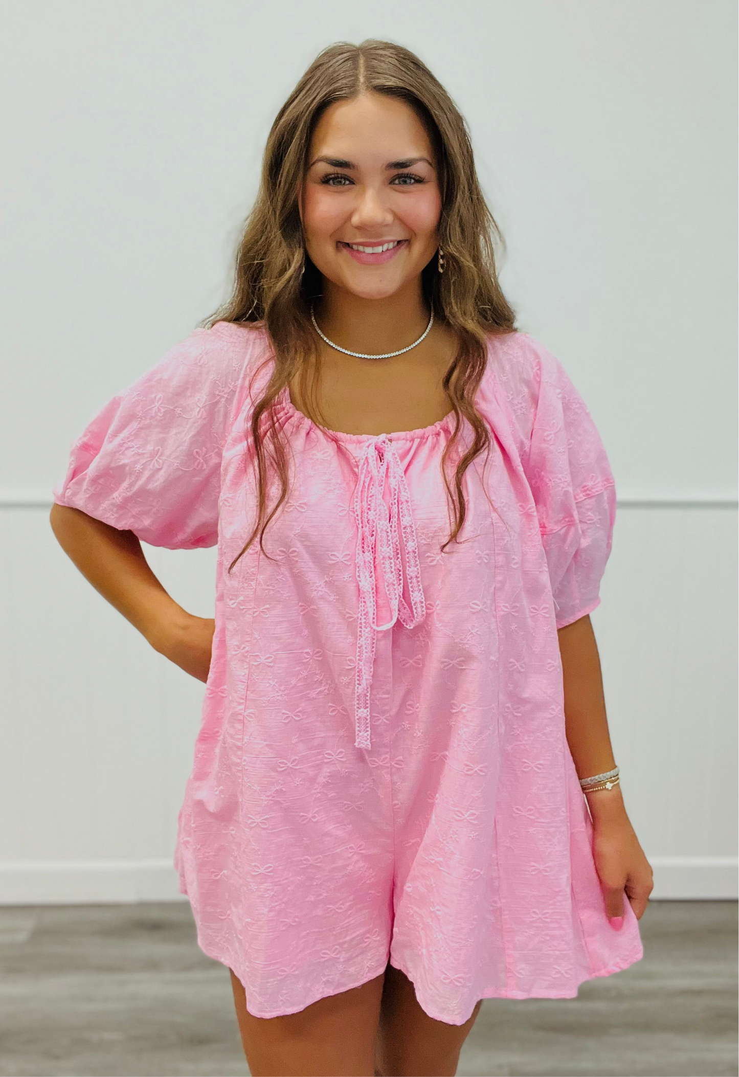 Pink Floral Eyelet Print Romper (Reg.)