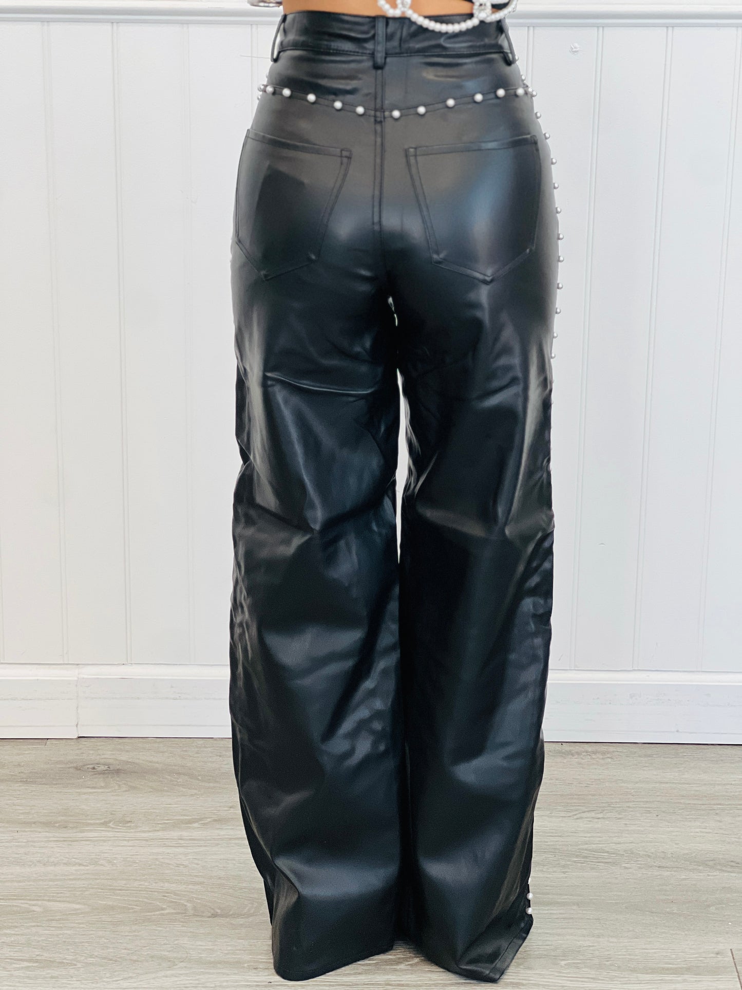 Black Vegan Leather Pearl Detailed Wide Leg Pants (Reg.)
