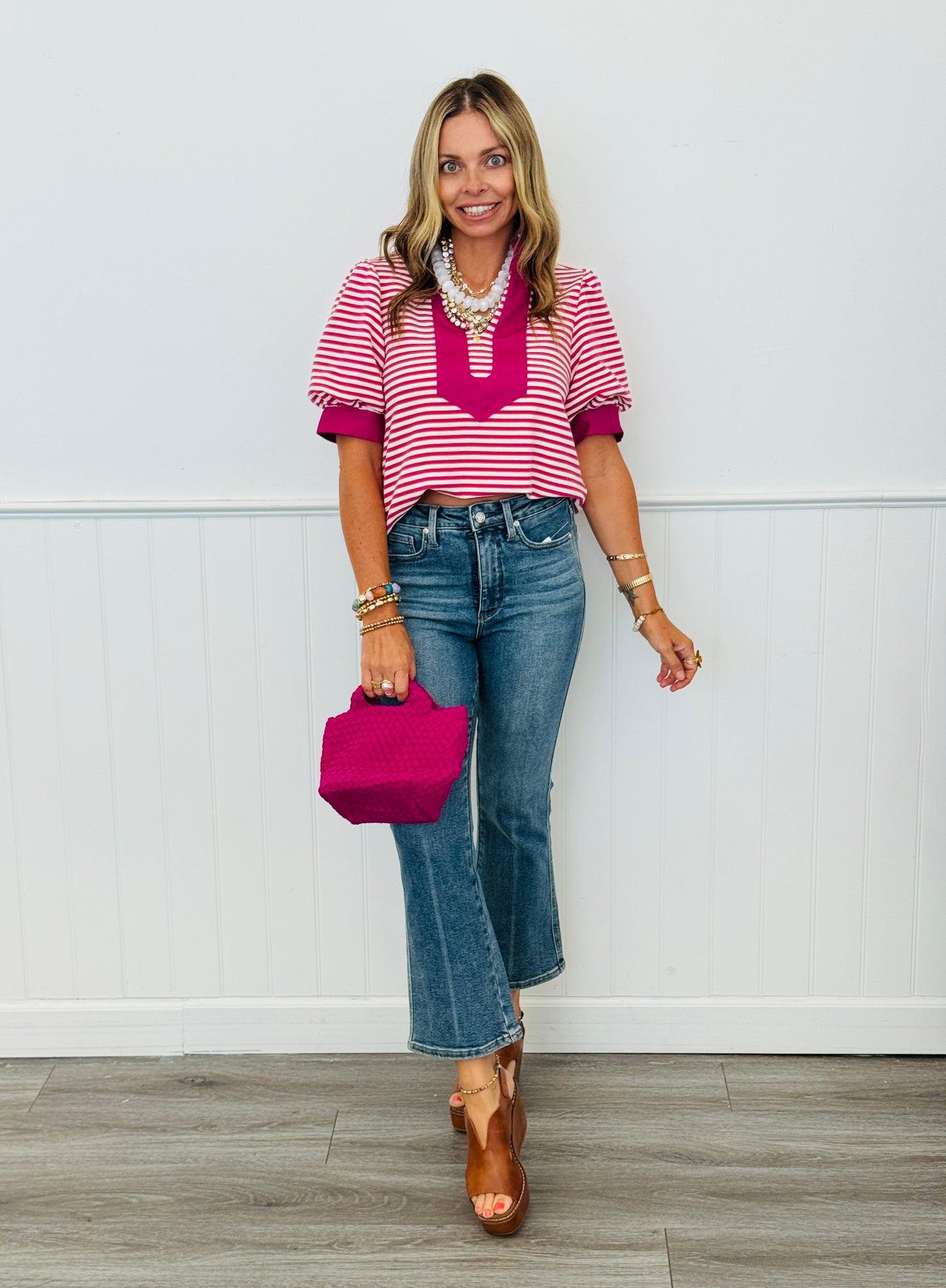 Striped Contrast Trim Puff Sleeve Top (Reg.) - 2 Colors