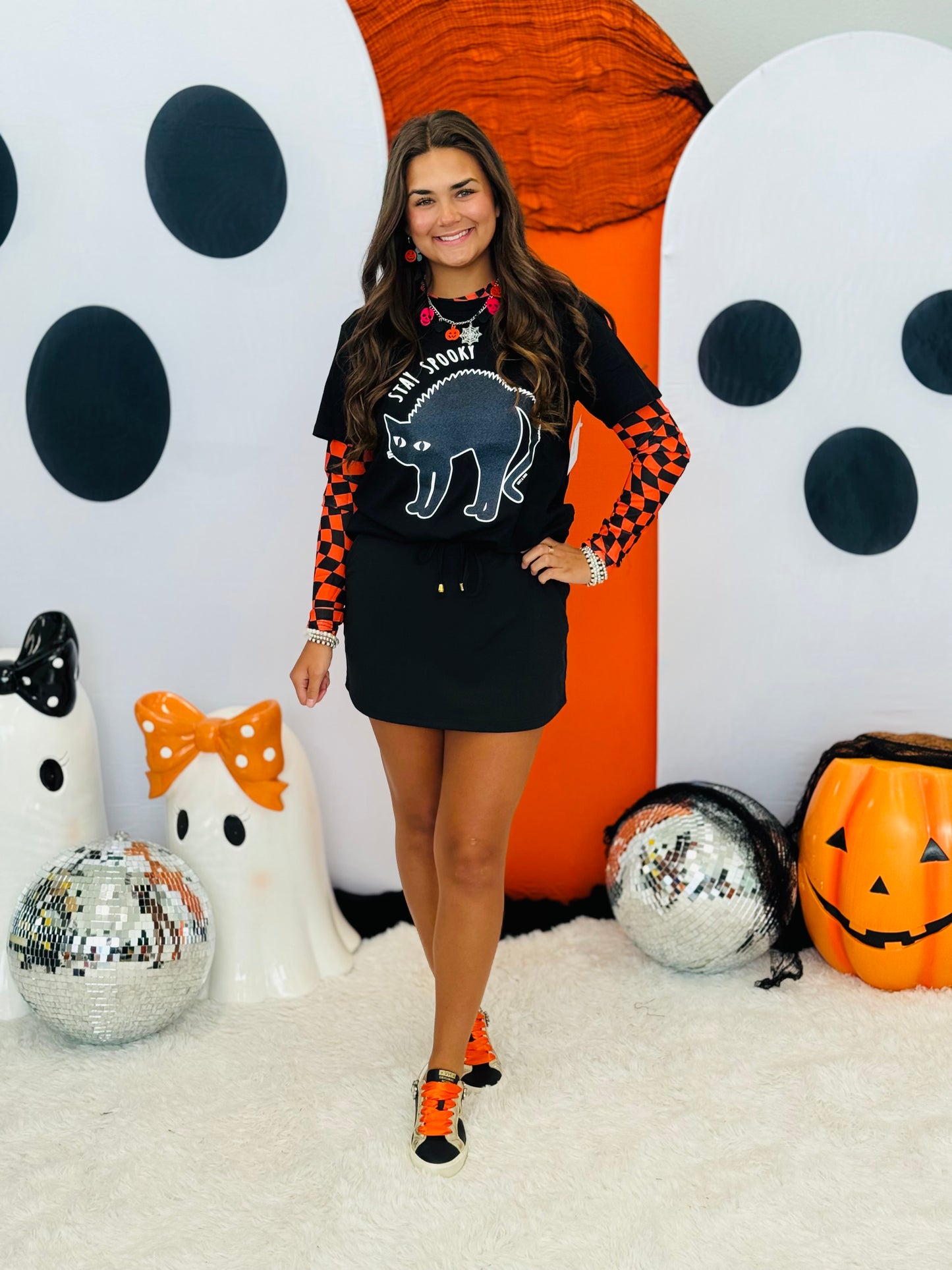 Orange/Black Checkered Mesh Long Sleeve Top (Reg. and Plus)