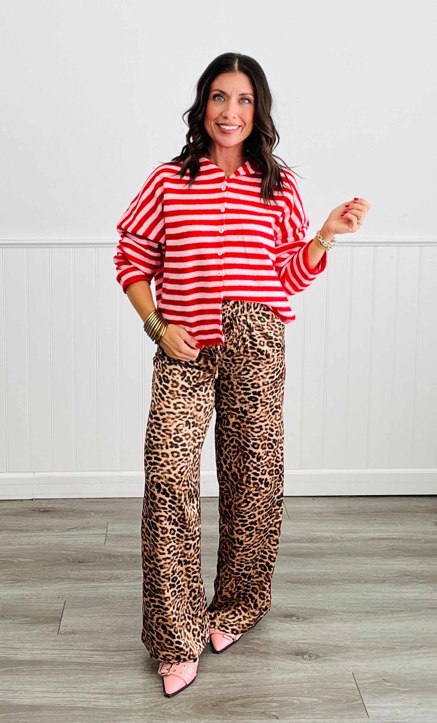 Pink/Red GiGi Striped Button Down Cardigan (Reg.)