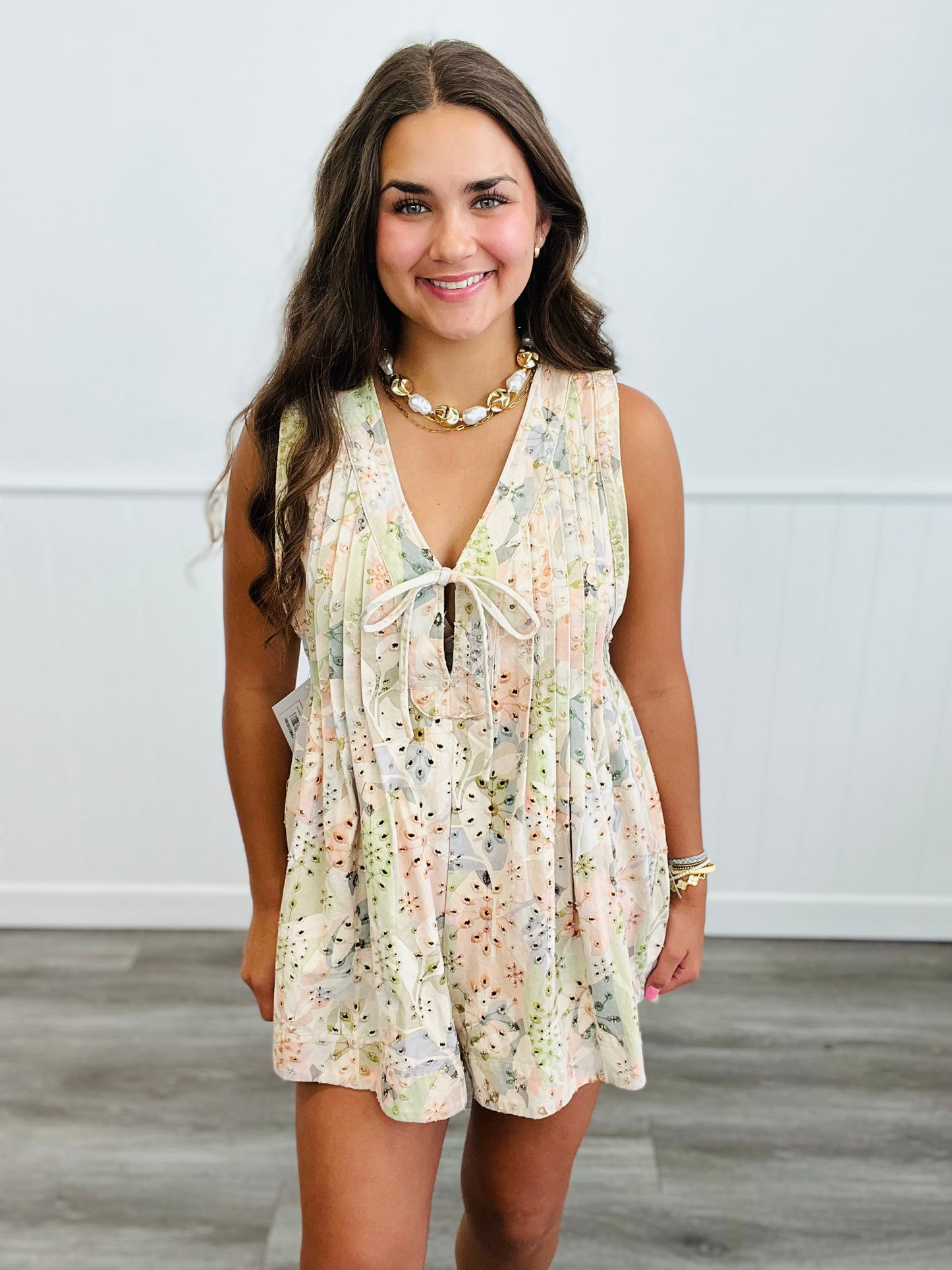 Peach Multi Floral Delicate Eyelet Romper (Reg. & Plus)