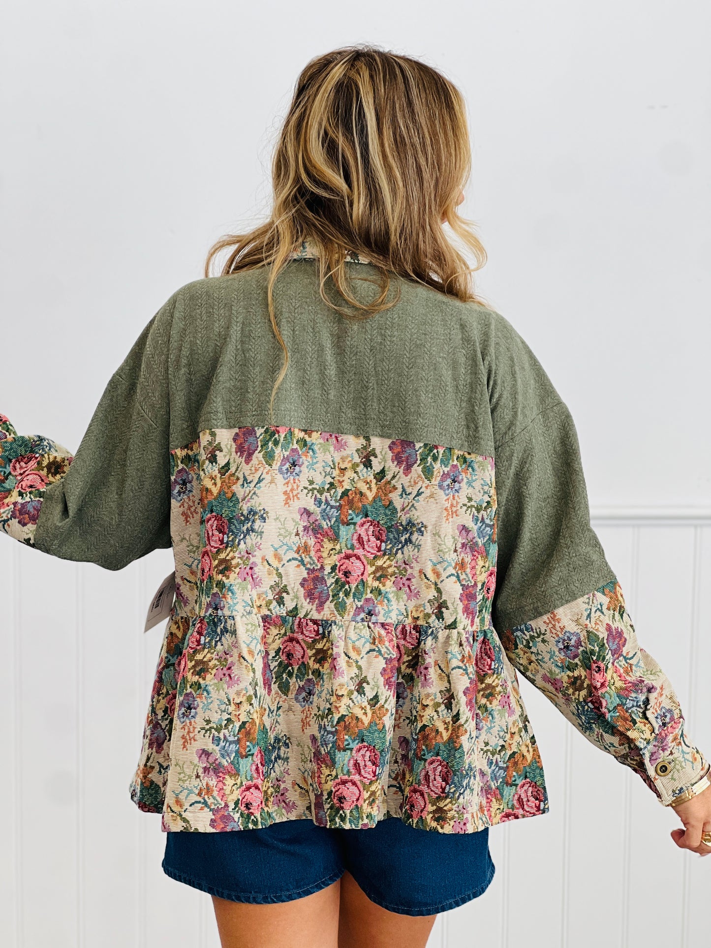 Floral Jacquard Peplum Shirt (Reg & Plus)