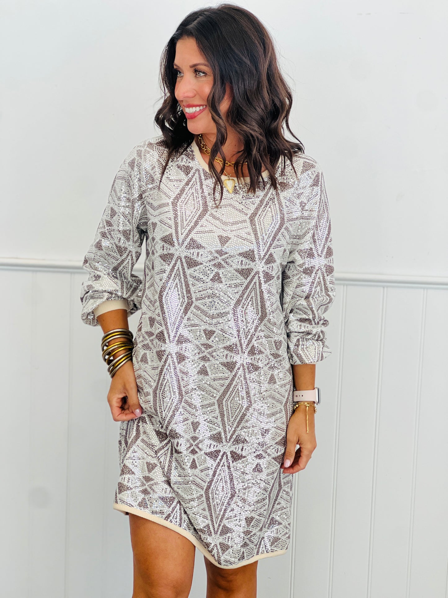 Natural Geometric Sequin Mini Dress (Reg. and Plus)