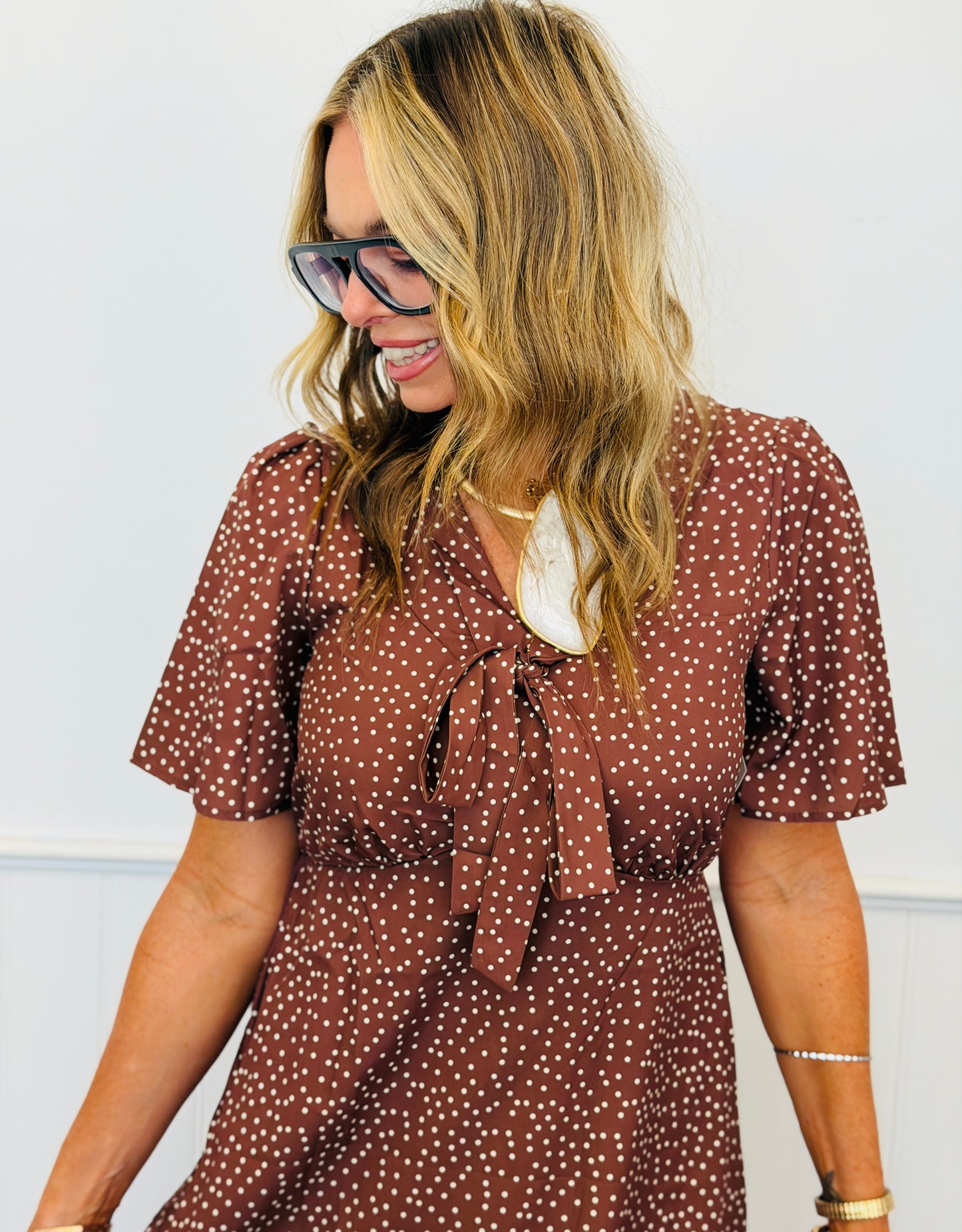 Mocha/Ivory Polka Dot Print Midi Dress (Reg & Plus)
