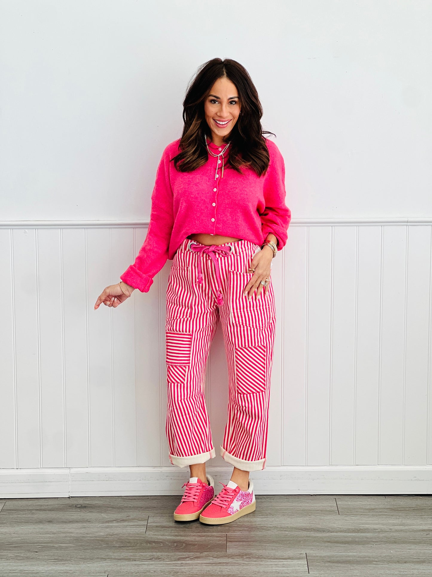 Fuchsia Striped Twill Barrel Pants (Reg & Plus)