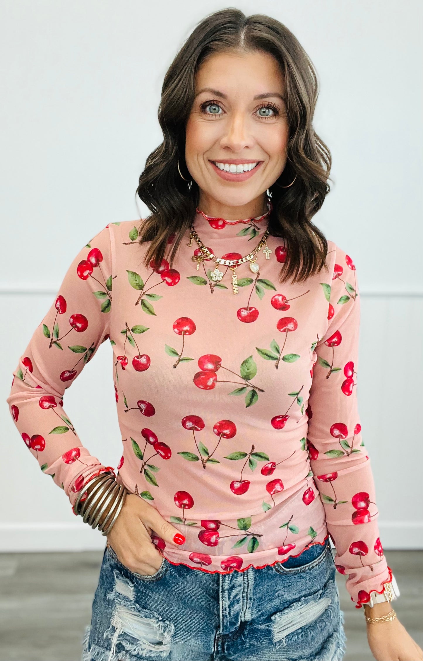 Cherries Mesh Long Sleeve Top (Reg. and Plus)