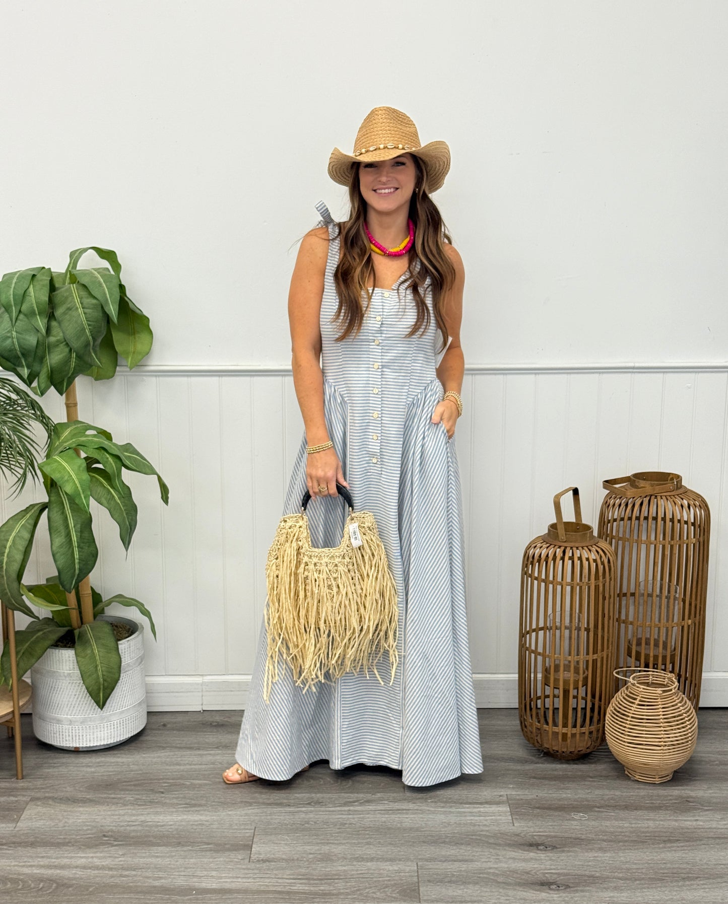 Blue Striped Basque Waist Maxi Dress (Reg. and Plus)