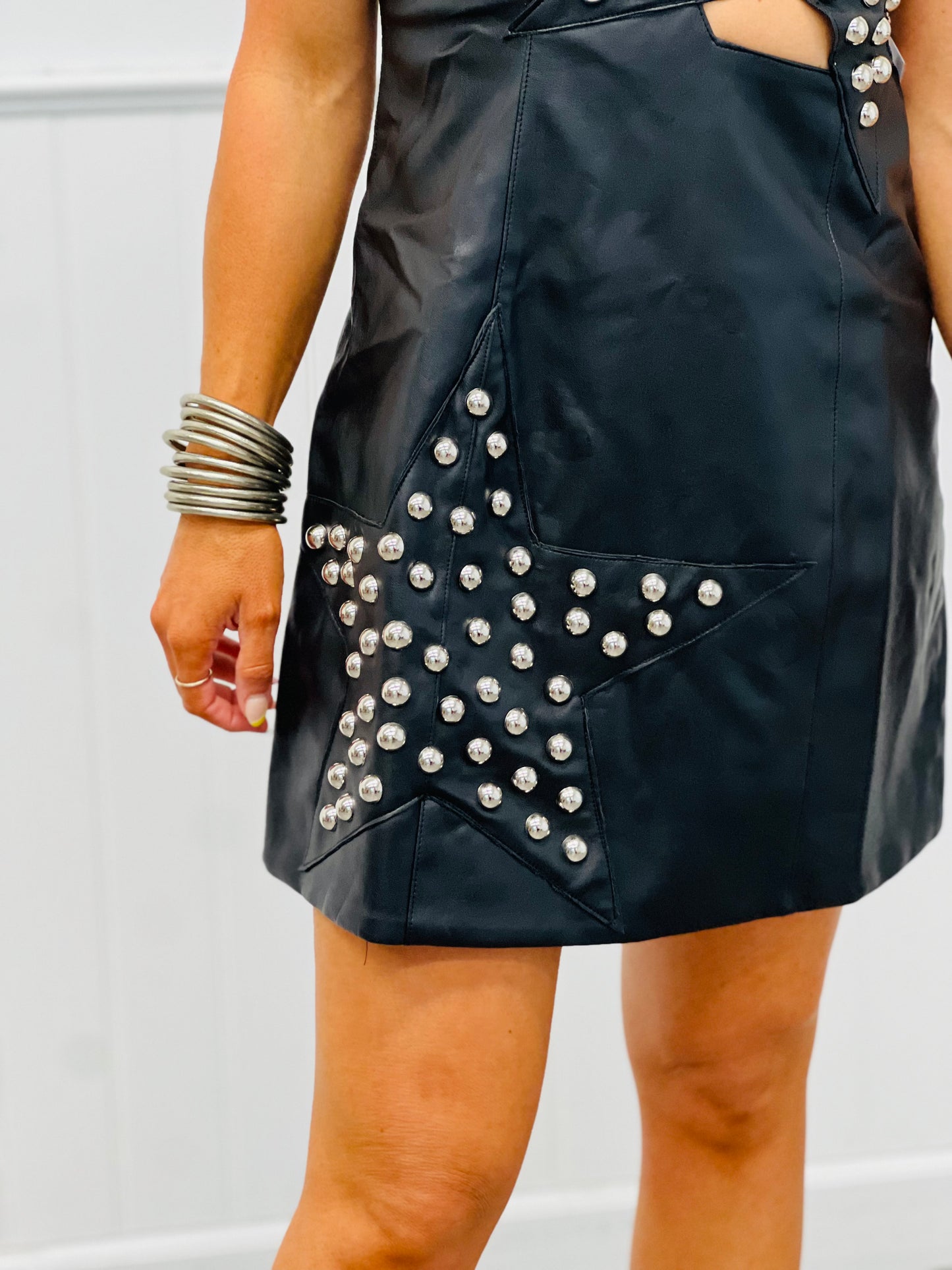 Black Faux Leather Star Studded Mini Dress (Reg.)
