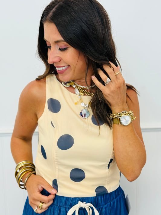 Cream/Navy Polka Dot Sleeveless Boat Neck Top (Reg.)