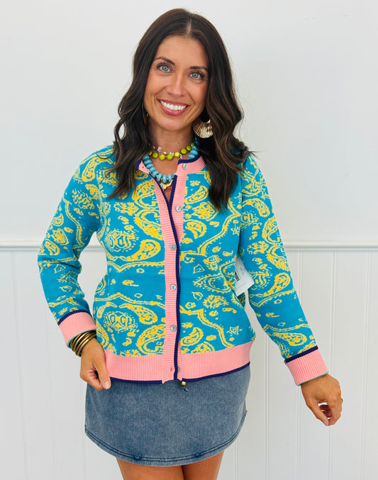 Vivid Blue Paisley Knit Sweater Cardigan (Reg.)