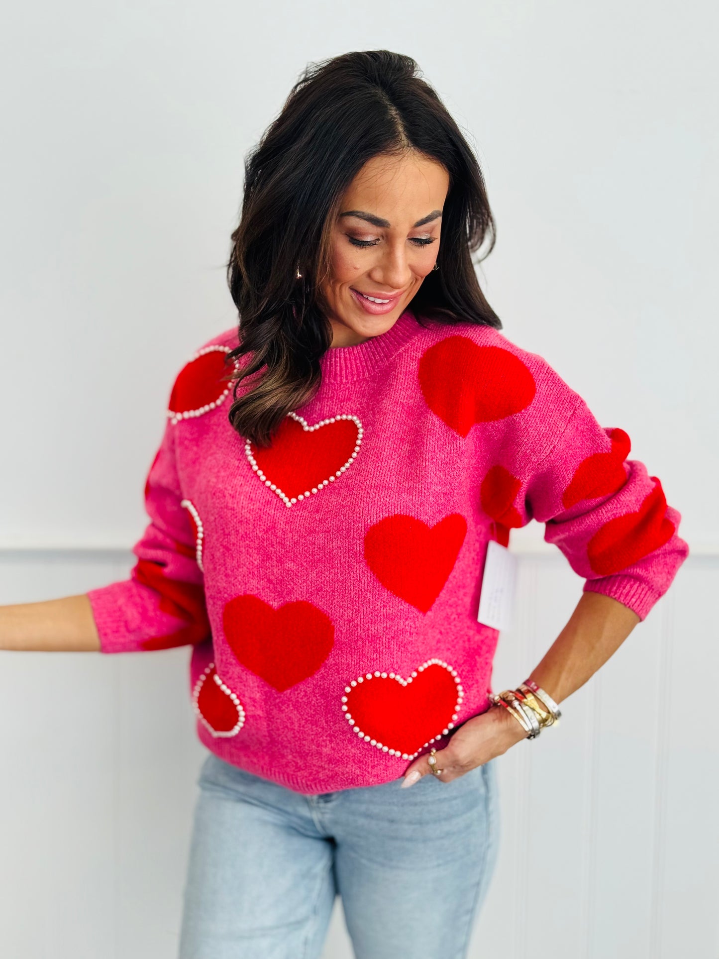 Pink Pearl Embellished Hearts Sweater Top (Reg.)
