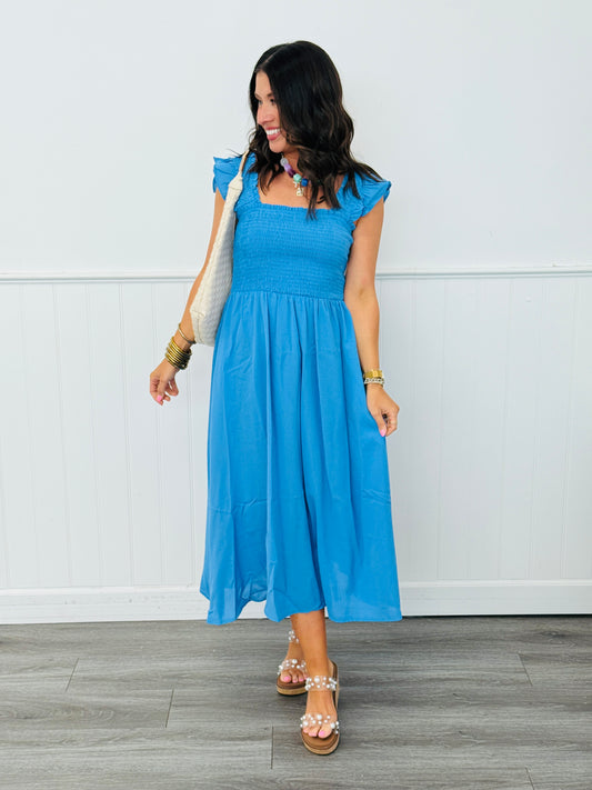 Malibu Blue Flare Sleeve Midi Dress (Reg & Plus)
