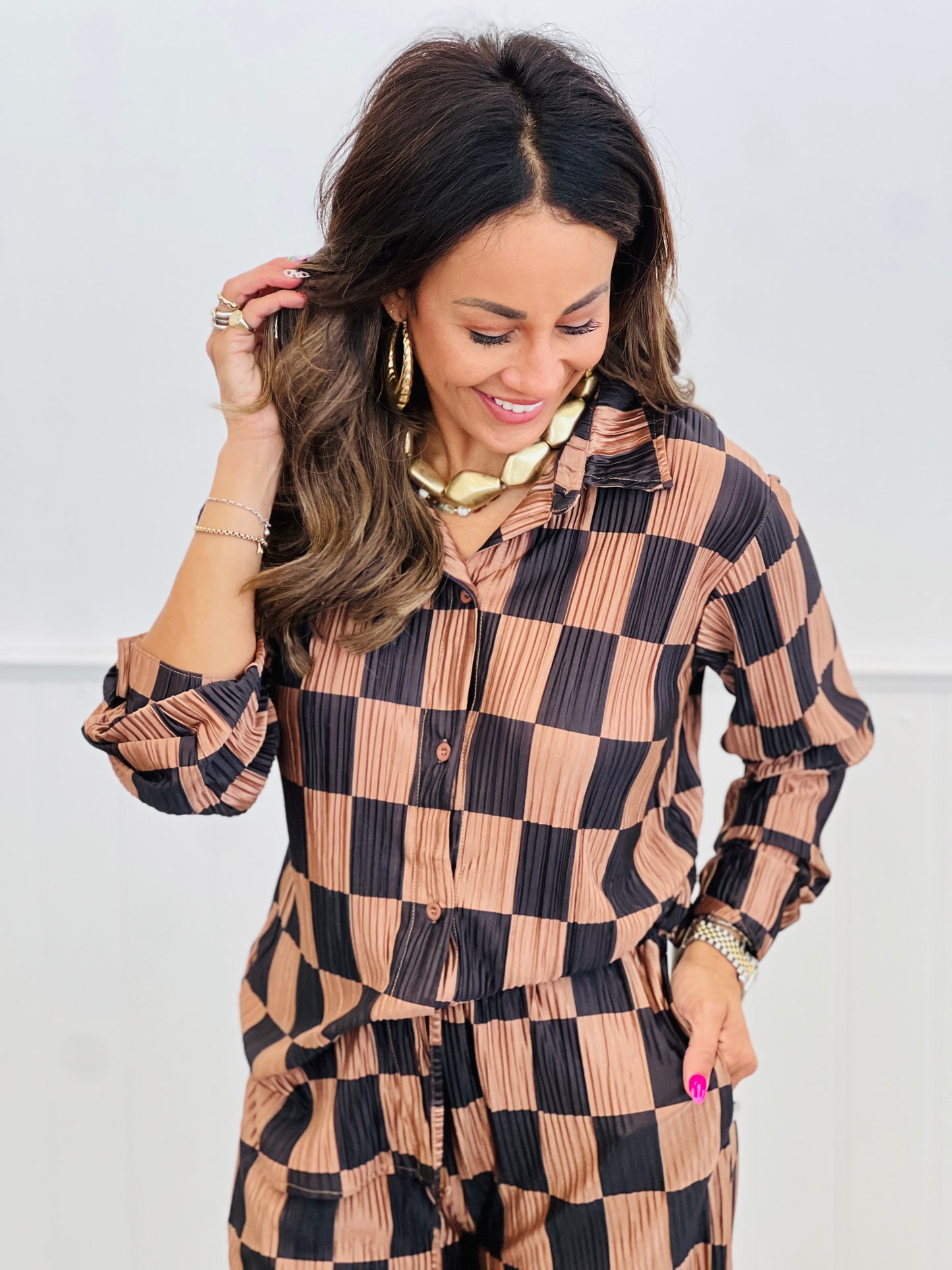 Pleated Checker Print Shirt Pants Set (Reg. and Plus)