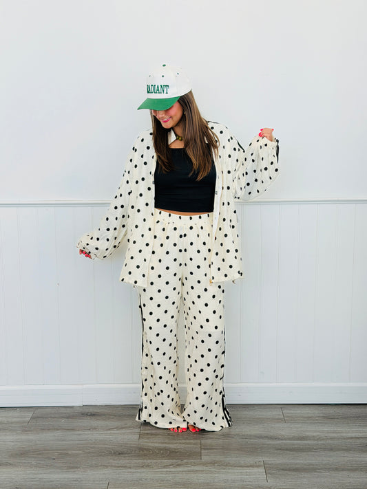 Ivory Polka Dot Side Striped Jacket & Pants Set (One Size)