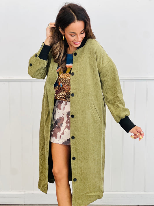 Olive Corduroy Contrast Collar & Cuffs Midi Coat (Reg & Plus)